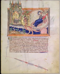 God Rescuing the Male Child from Being Devoured by the Red Dragon, from the Gulbenkian Apocalypse, c.1265-70